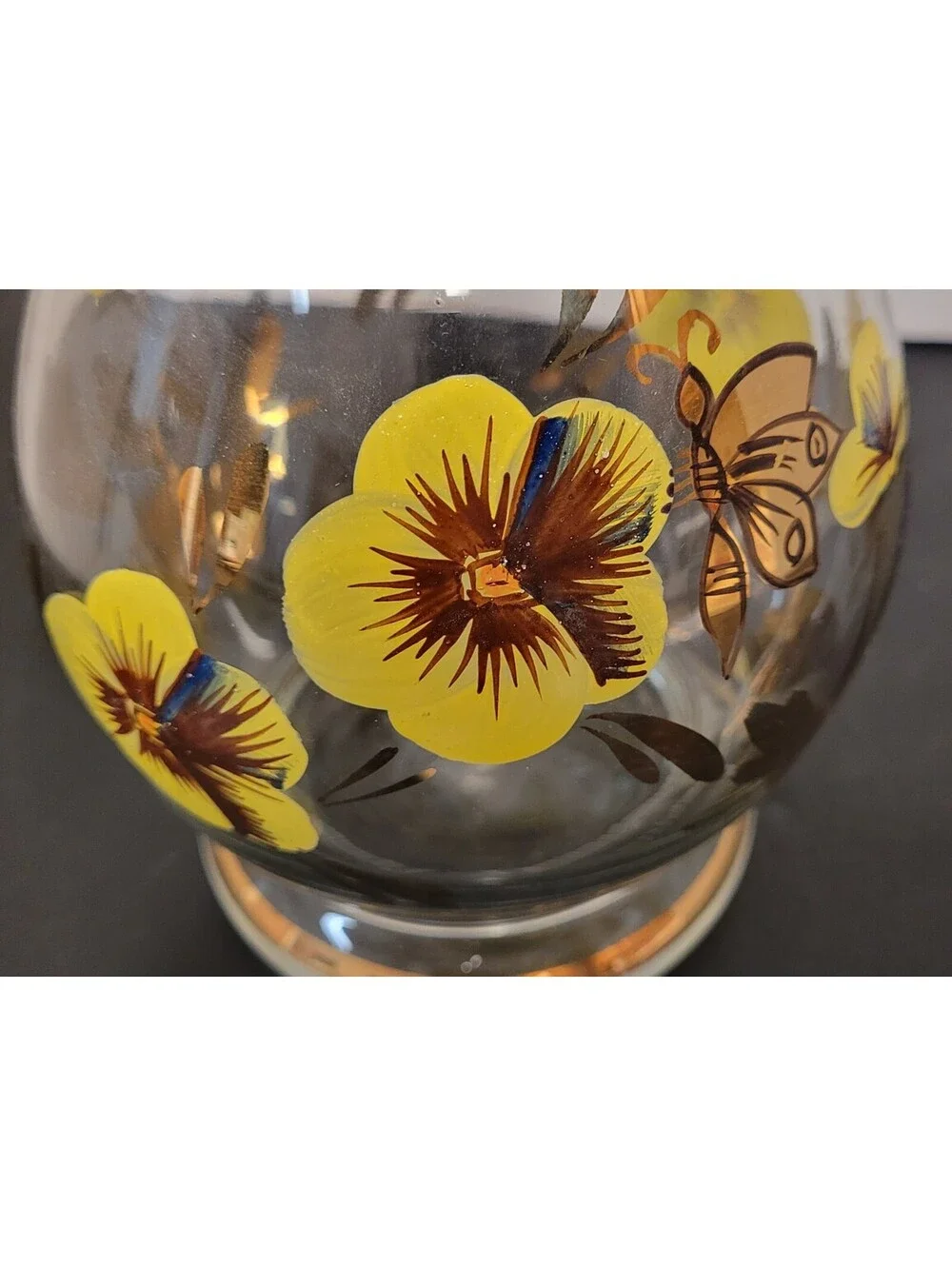 Vintage Romanian Hand Painted Crystal Golden Butterfly Decanter & 2 Stem Glasses